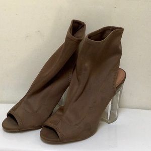 Olive green ankle booties with open-toe and heel